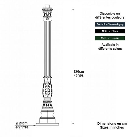 Poteau KS3 pour luminaire - 126cm L5924 Poteau pour luminaire Poteau aluminium L5924